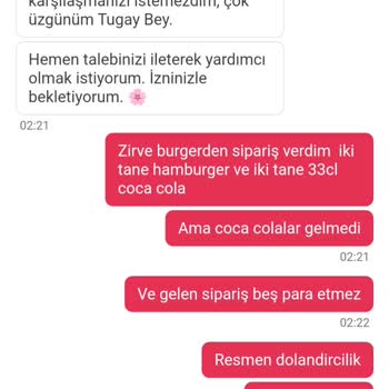 Yemek Sepeti Ve Zirve Burger Şikayet