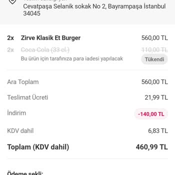 Yemek Sepeti Ve Zirve Burger Şikayet