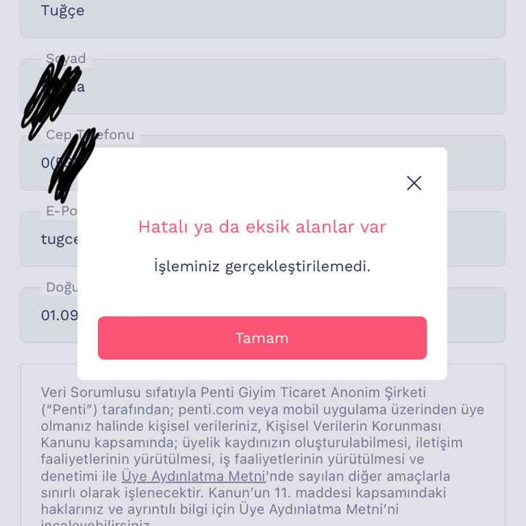 Penti'nin Giriş Yapılan Hesapta Bilgi Güncelleme Hatası