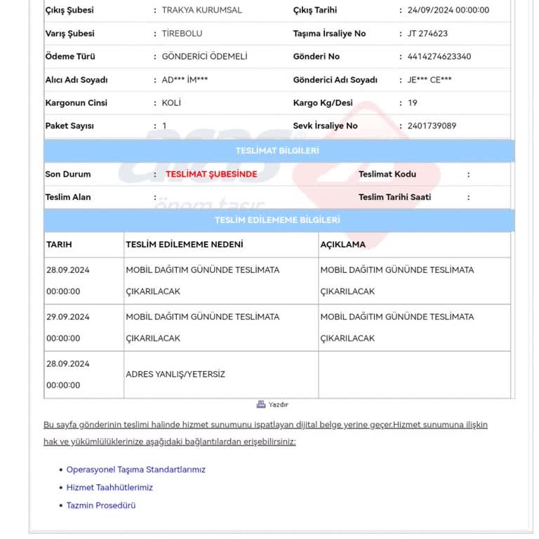 Aras Kargo Teslimatın Zamanında Yapılmaması