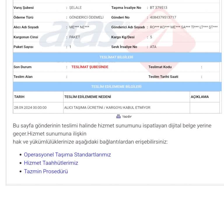Aras Kargo Yalan İbare Kullanarak Ürünümü Teslim Etmedi