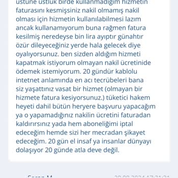 TurkNet Verilmeyen Hizmetlerin Tahsilatı Olmayan Nakil İşlem Ücreti.