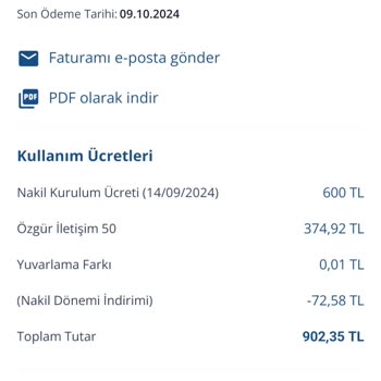 TurkNet Verilmeyen Hizmetlerin Tahsilatı Olmayan Nakil İşlem Ücreti.