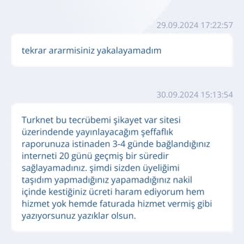 TurkNet Verilmeyen Hizmetlerin Tahsilatı Olmayan Nakil İşlem Ücreti.