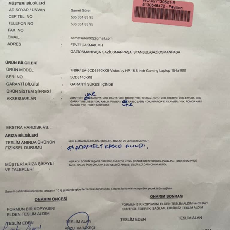 HP Victus Laptop Bitmek Bilmeyen Servis Süresi