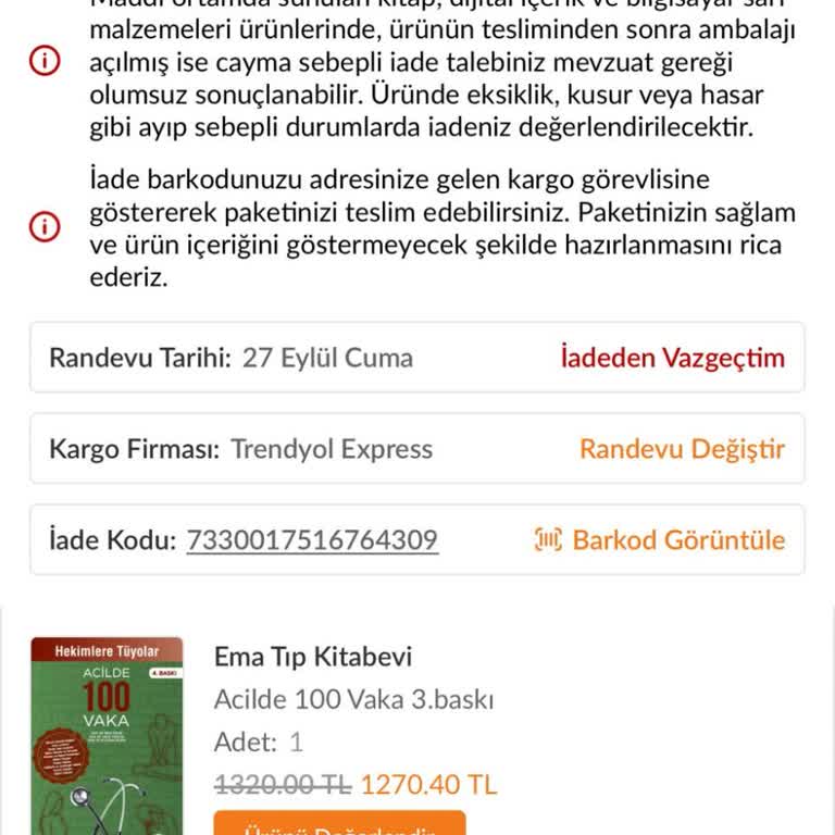 Trendyol İade Talebimin Kabulü Ve Paramın İade Edilmesi