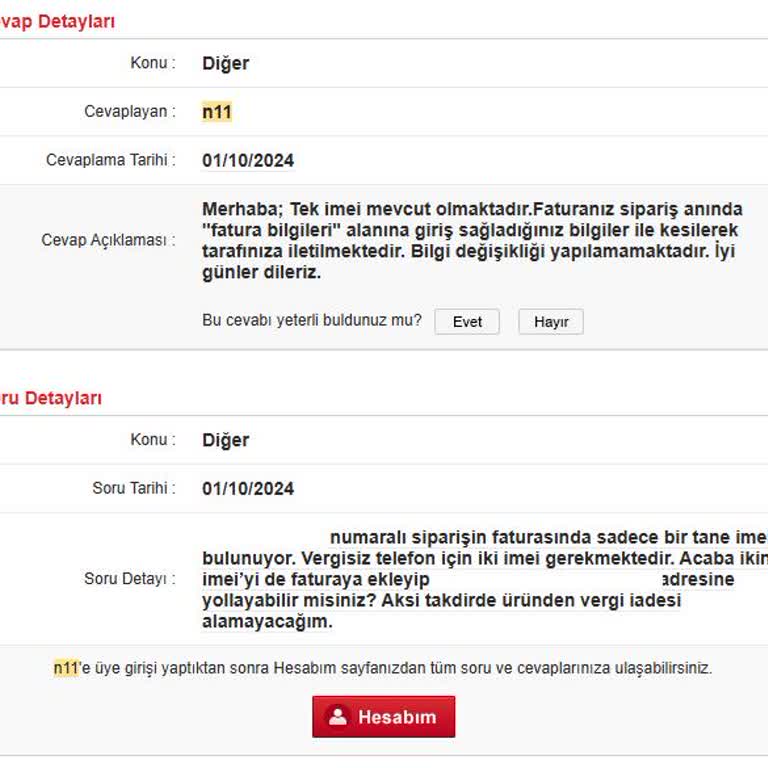 N11 Yanlış Fatura Sorunu