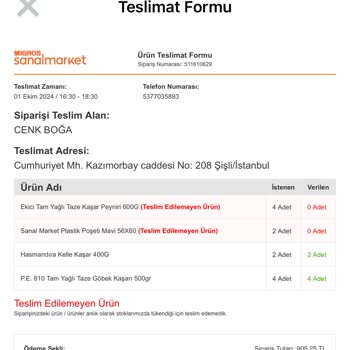 Migros Elisyum Bomonti Mağaza Teslim Siparişi