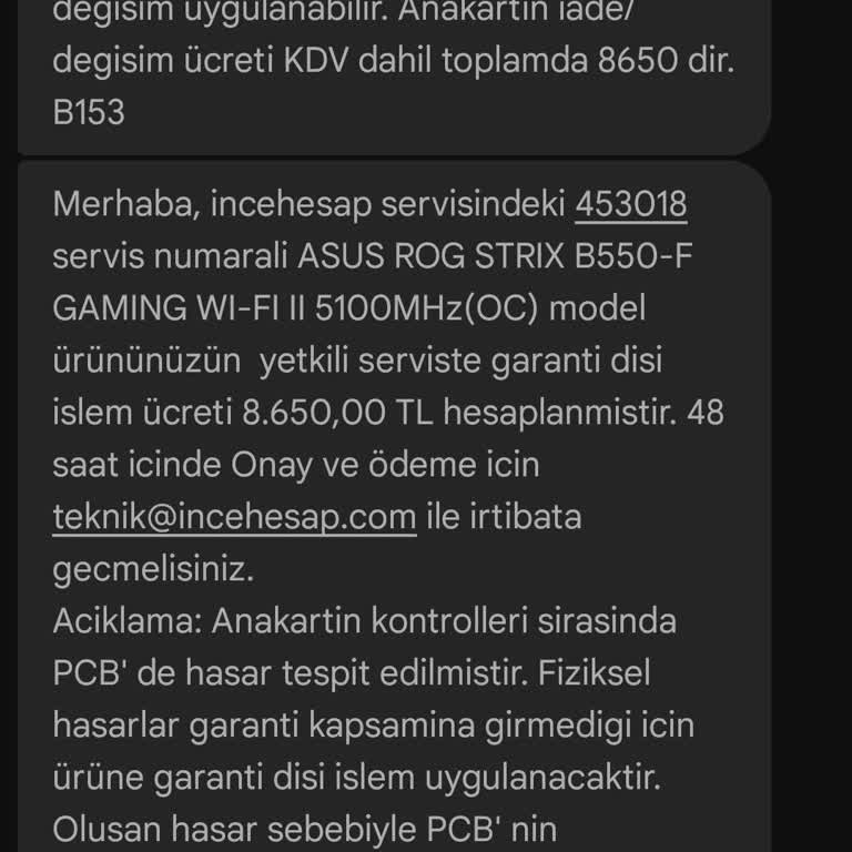Kargoda Zarar Gören Anakart ve Yüksek Servis Ücreti