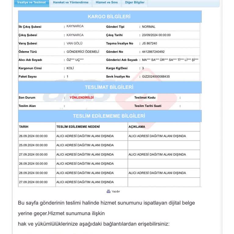 Aras Kargo Van Gölü Şubesi Adres Teslimatı Yapmıyor