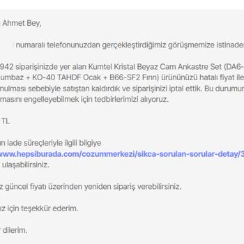 Hepsiburada'nın İptal Edilen Sipariş ve Sözünden Dönmesi