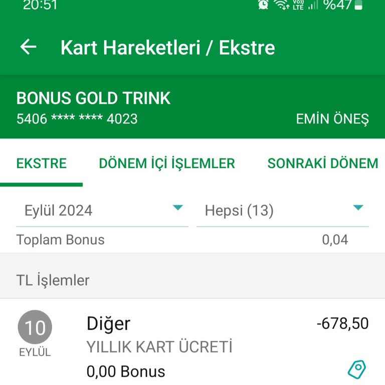 Yıllık Kart Aidatının İadesi Talebi