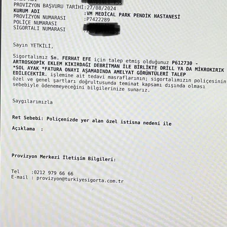 Türkiye Sigorta'nın Ameliyat Masraflarını Karşılamama Sorunu