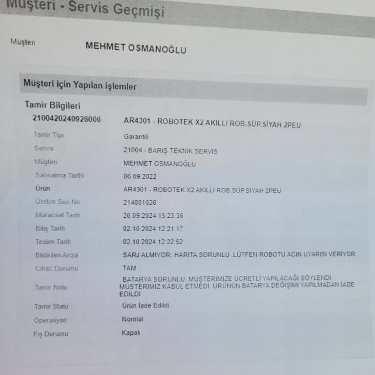 Arzum Robot Süpürge Garanti Sorunu ve Yüksek Onarım Ücreti