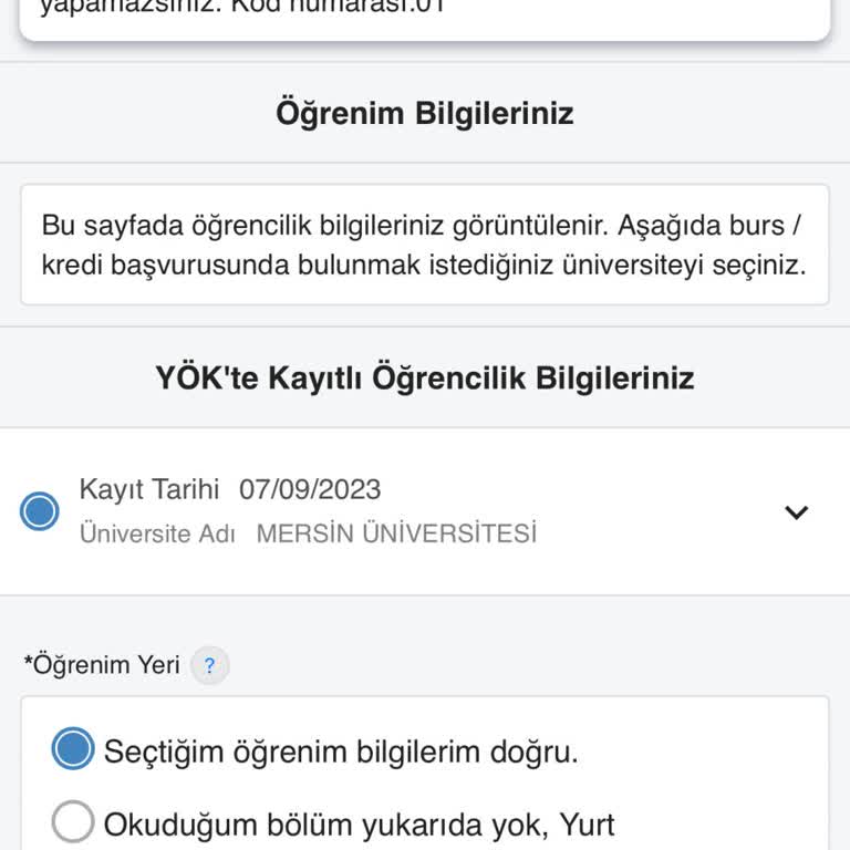 Burs Başvurusunda Hatalı Kredi/Burs Uyarısı