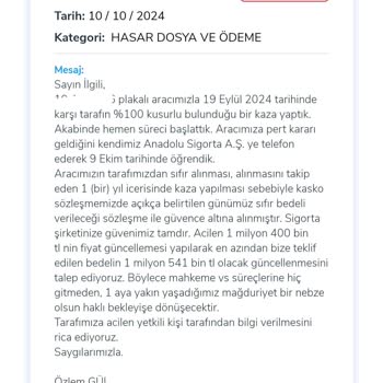 Pert Olan Aracımız İçin Sıfır Bedeli Talebimize Yanıt Alamıyoruz