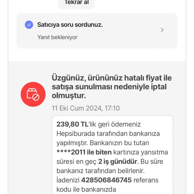 Yanlış Fiyatlandırma Nedeniyle İptal Edilen Sipariş