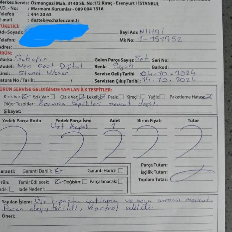 Schafer Mikser Boyası Sorunu Ve Yetersiz Müşteri Hizmeti