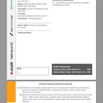 Arçelik Servis Ücretlendirmesi Ve Yanlış Fatura Sorunu