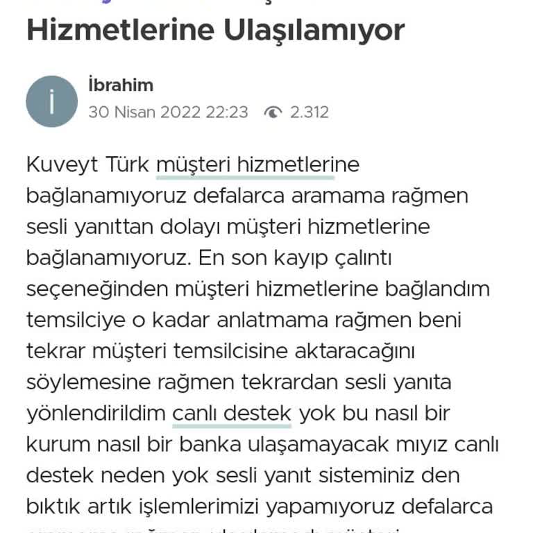 Kuveyt Türk Müşteri Hizmetleri Ulaşım Sorunu