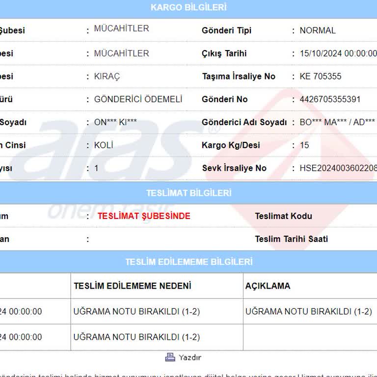Aras Kargo Kıraç Şubesi'nde Teslimat Sorunları Ve Yanıltıcı Bilgilendirme
