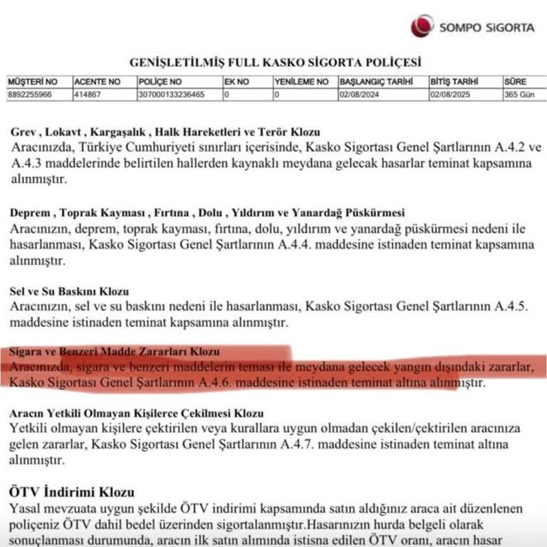 Sompo Sigorta Kapsam Dışı Hasar Sorunu