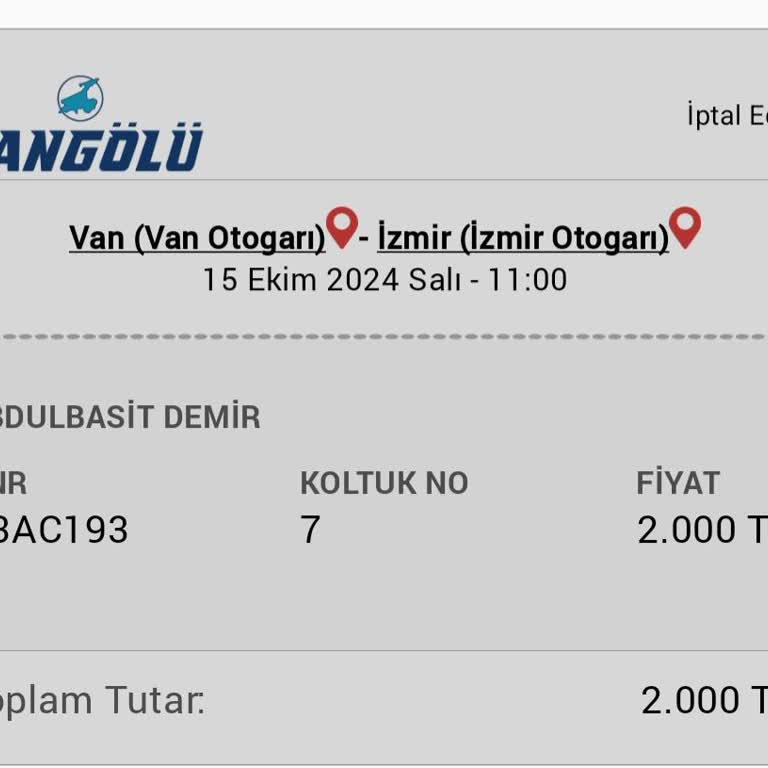 Vangölü Otobüs Bileti İptalinde İade Sorunu