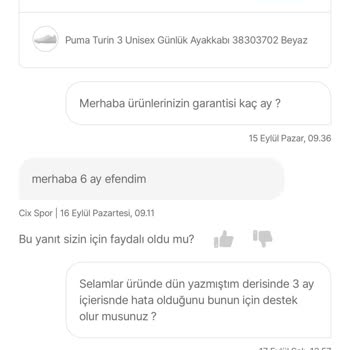 Garantili Puma Ayakkabının Kusuru Kabul Edilmiyor