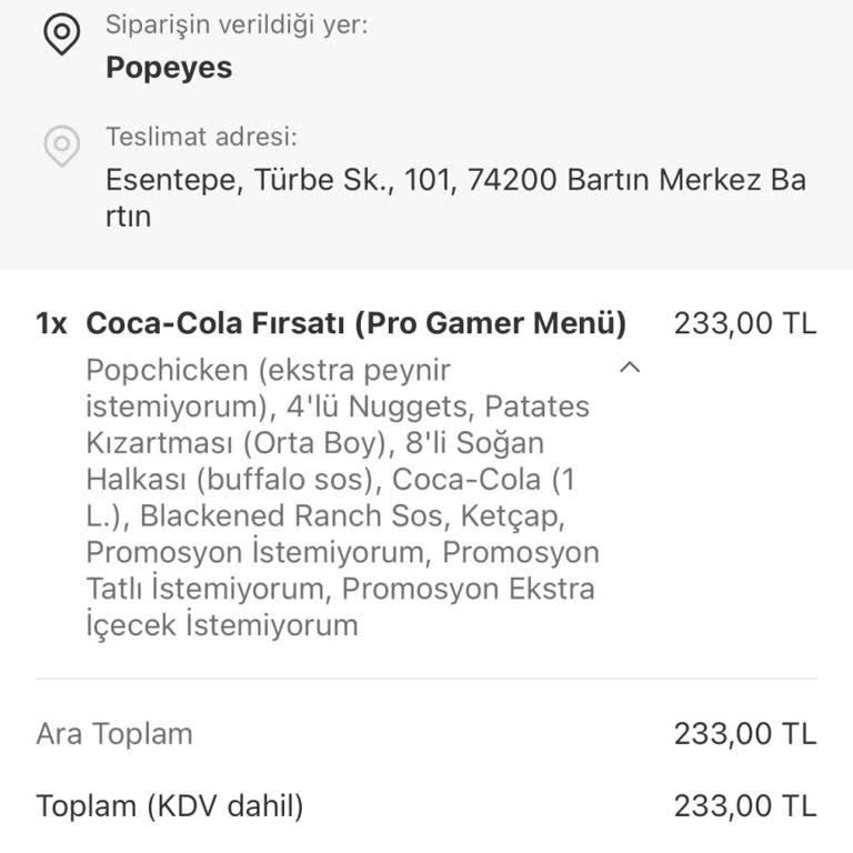 Popeyes Siparişim Soğuk Ve Pişmemiş Geldi, Ücret İadesi Yapılmadı!