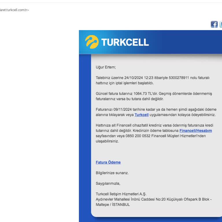 Yanlış Mail Adresine Gönderilen Fatura İptal Bildirimi