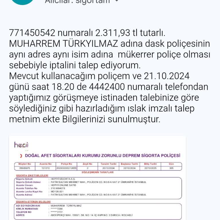 Sigortam.net Üzerinden Yapılan Mükerrer DASK Poliçesi Ve İptal Sorunu