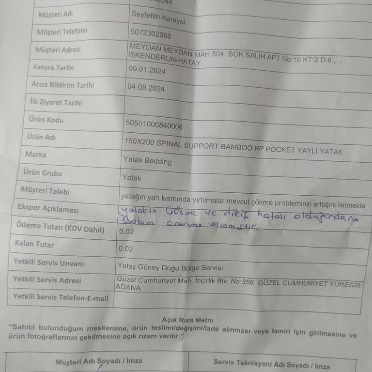 Yatakta Çökme Ve Yırtık Problemi: Servis Mağduriyeti