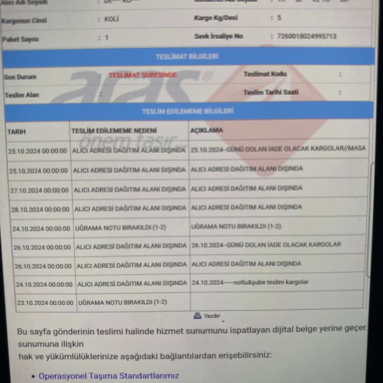 Aras Kargo Paşabahçe Şubesi Teslimat Sorunu