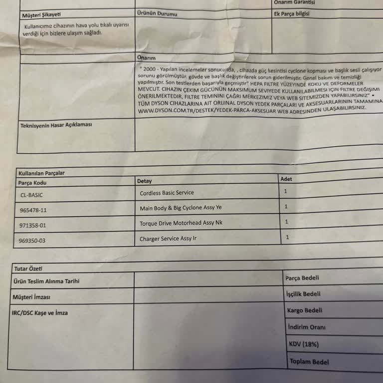 Dyson Servis Sürecinde Eksik Parça Ve Mağduriyet