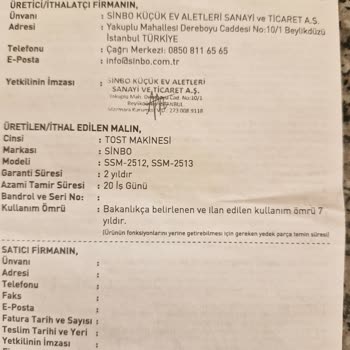 Sinbo Tost Makinesi Ekmeği Yakıyor, Kullanılamaz Durumda