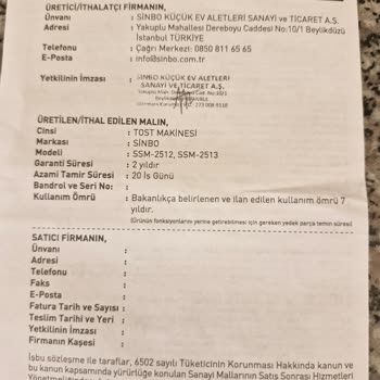 Sinbo Tost Makinesi Ekmeği Yakıyor, Kullanılamaz Durumda