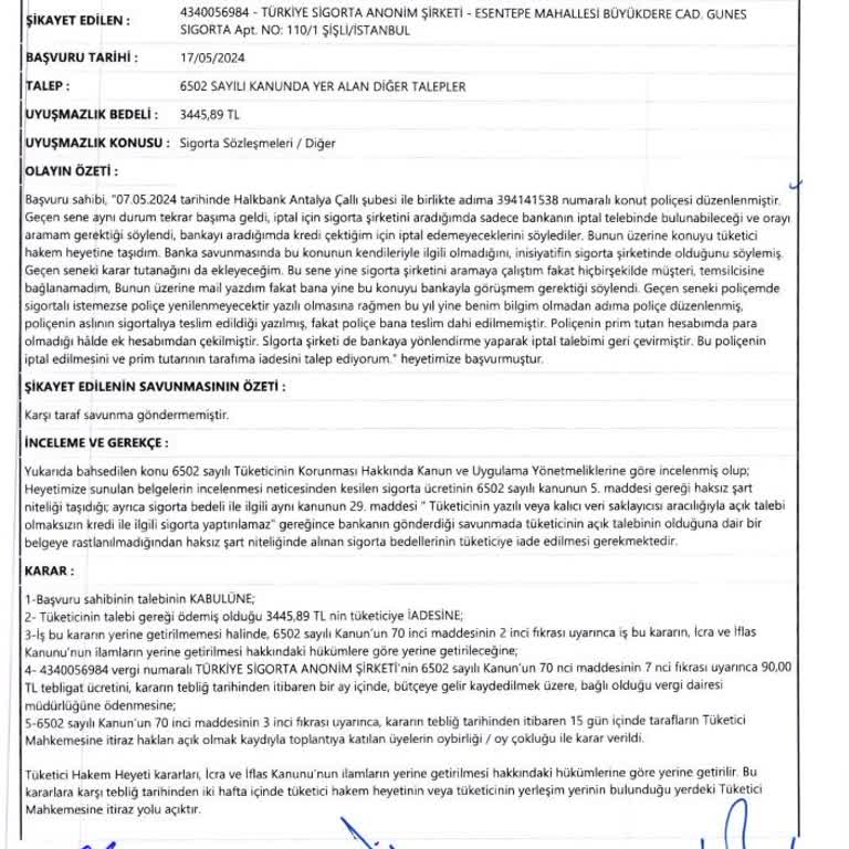 Konut Sigortası İptalinde İletişim Sorunu Ve Para İadesi Gecikmesi