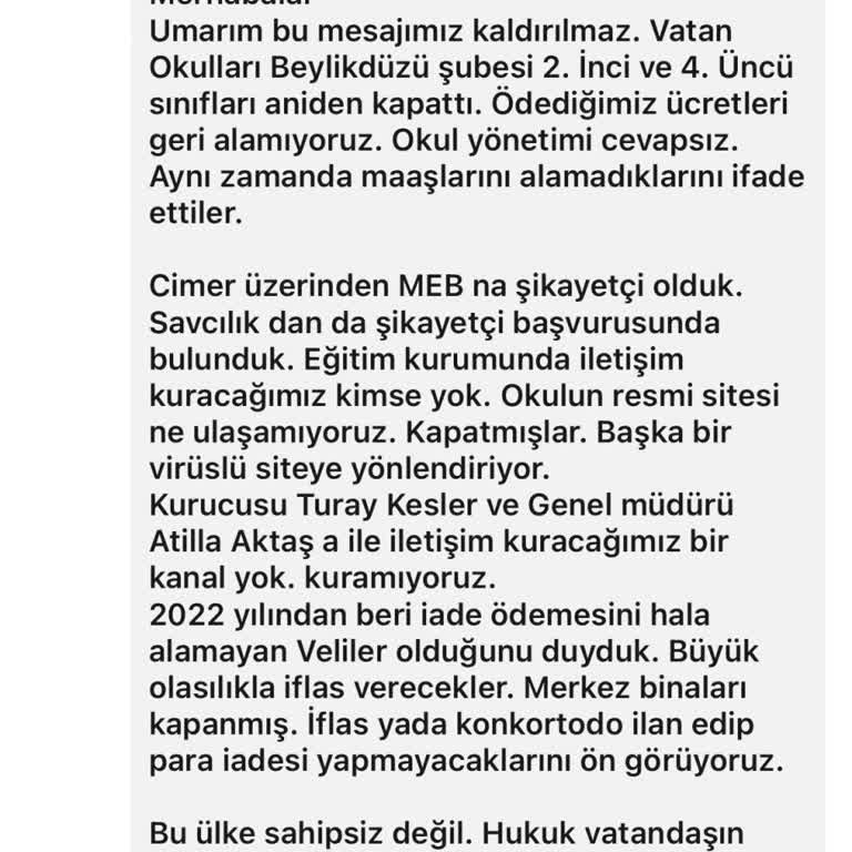 Vatan Okulları Beylikdüzü Şubesi Sınıf Kapatma Ve İade Sorunu