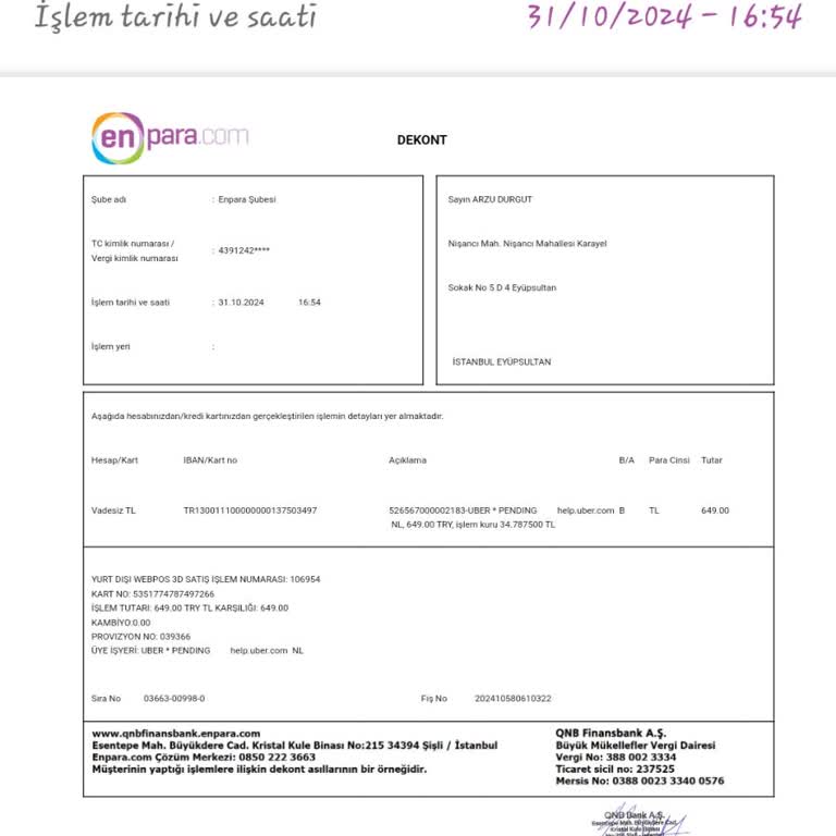 Uber'den Adres Değişikliği Sonrası Beklenmedik Ücret Kesintisi