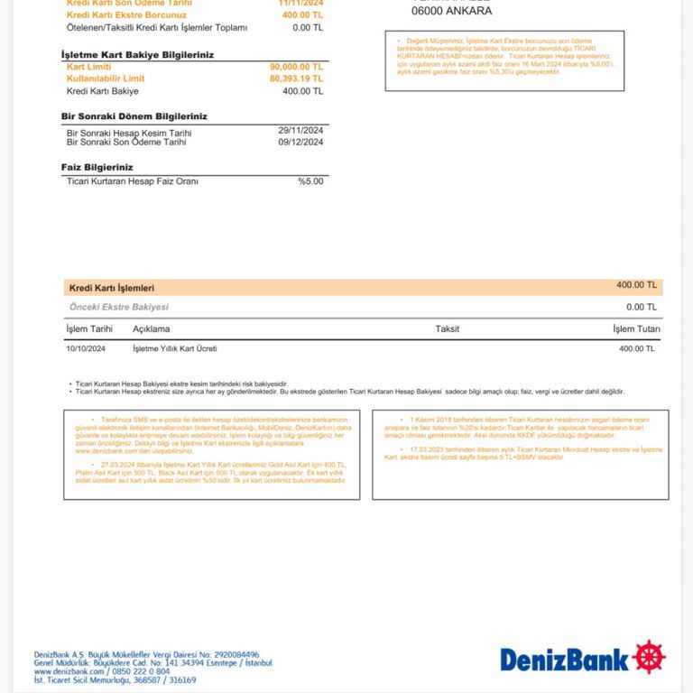 Denizbank İşletme Kartı İçin Haksız Üyelik Ücreti Talebi