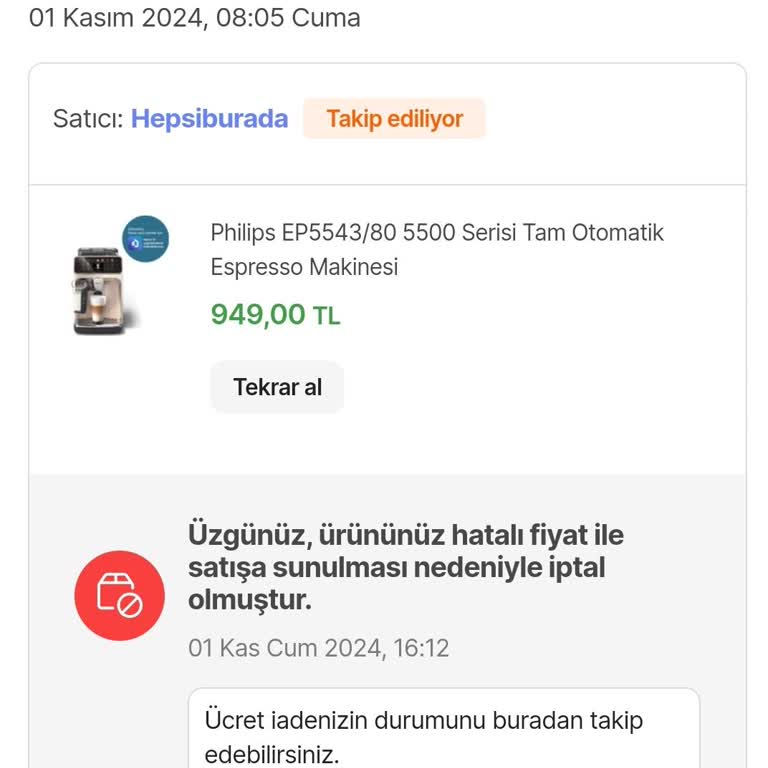Fiyat Değişikliği Nedeniyle İptal Edilen Siparişler