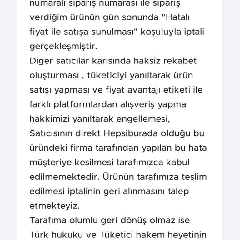 Yanıltıcı Fiyatla İptal Edilen Siparişe İtiraz