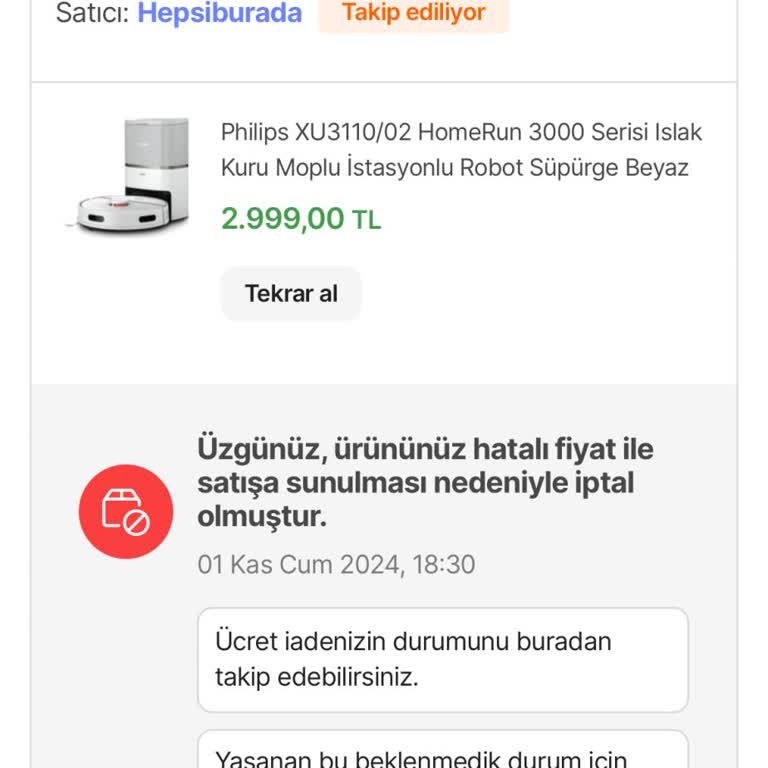 Hatalı Fiyat Nedeniyle İptal Edilen Sipariş Ve Ücret İadesi Sorunu