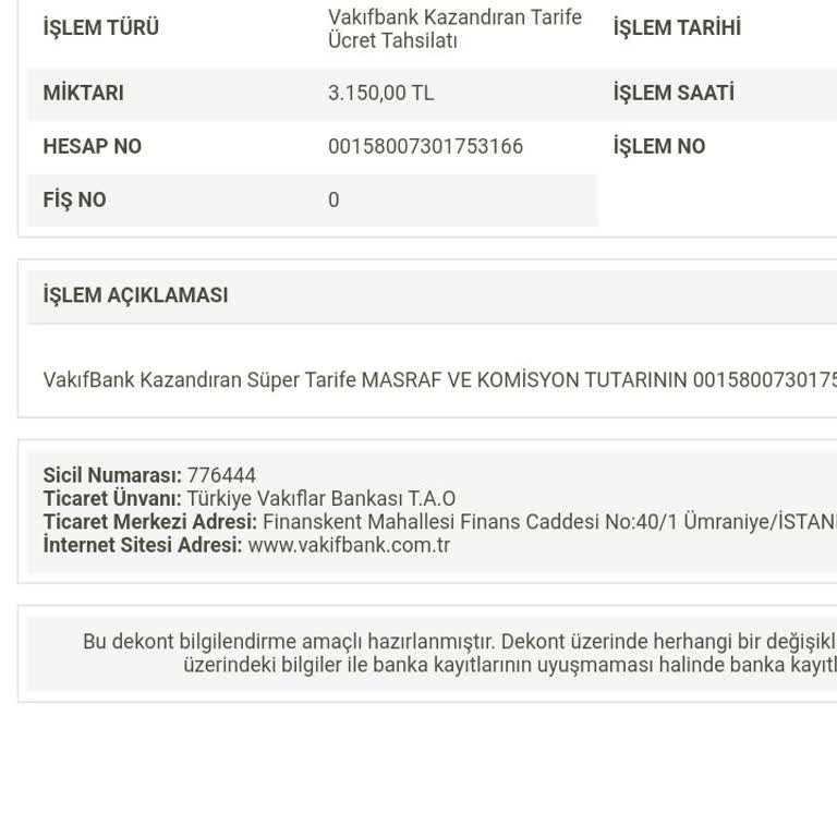 VakıfBank'tan Kesilen Ücretin İadesi Talebi