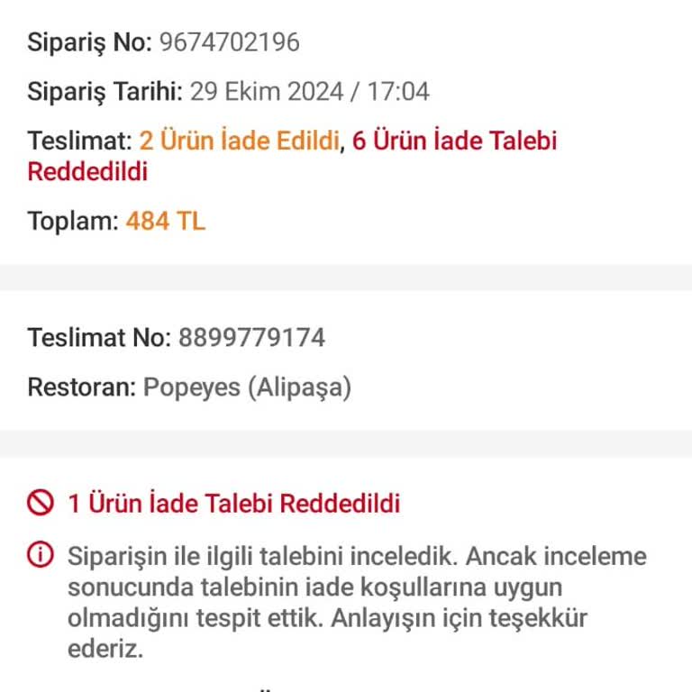 Trendyol Yemek Uygulaması Ve Popeyes: Eksik Ve Kalitesiz Hizmet