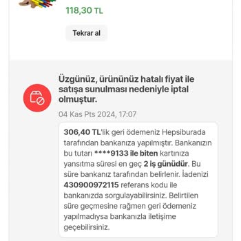 Yanlış Ücretlendirme Ve İptal Edilen Siparişler