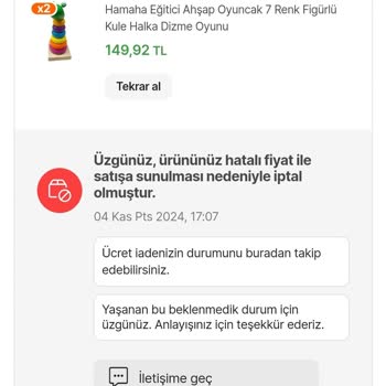 Yanlış Ücretlendirme Ve İptal Edilen Siparişler