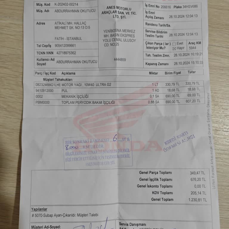 Honda Servisinde Fiyat Farklılıkları Ve Yanıltıcı Bilgilendirme