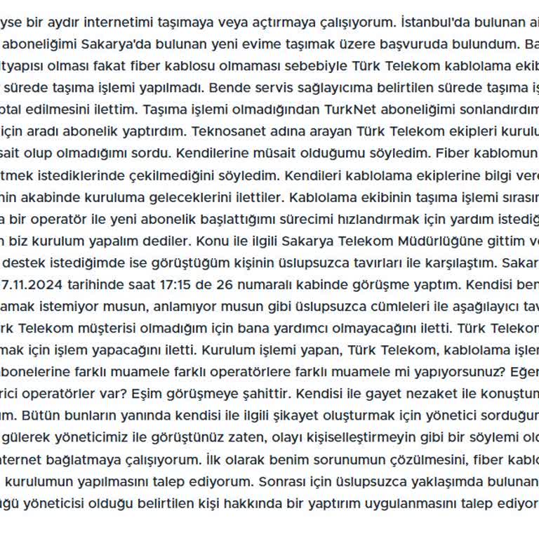 Türk Telekom Personelinin Davranışları Hakkında Şikayet