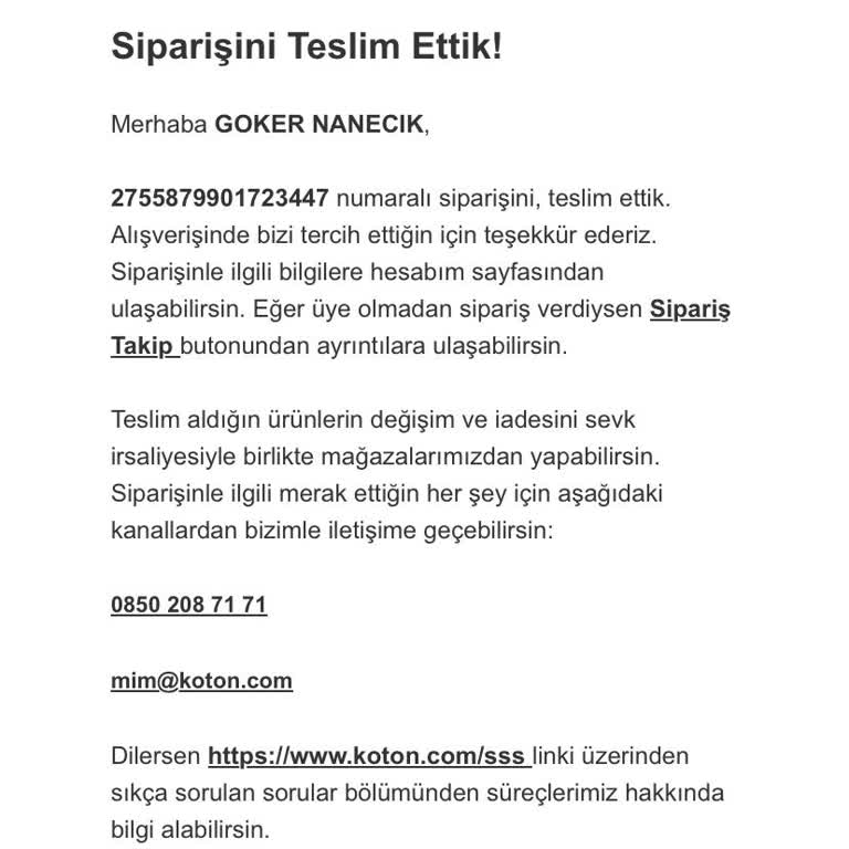 Teslim Edilmeyen Koton Elbisesi Ve Yanlış Kargo Bilgilendirmesi